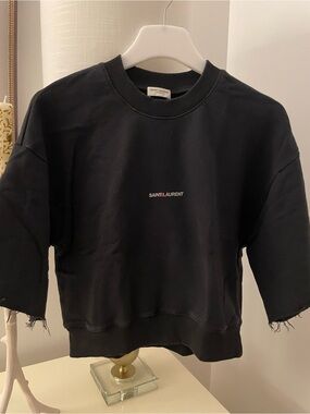 Saint Laurent Black Cropped Logo Sweatshirt with White & Red Accent